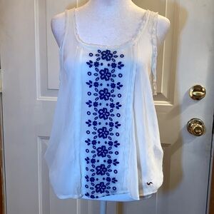 Hollister Sheer White Tank with Blue Floral Accent Size M